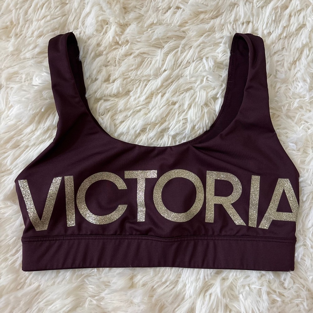Victoria Sport Burgundy Gold Glitter Logo Sports Bra Small Scoop Neck Tank